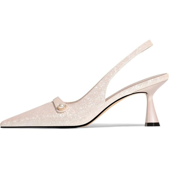 🆕 Women Rose Gold Faux Leather Kitten Heels Slingback Pearl Pumps - Picture 2 of 7